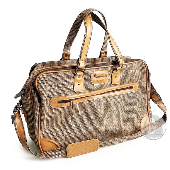 Vintage Pierre Cardin Carry On Bag Luggage Tan Tweed + Luggage Tag, Lock & Keys - Picture 2 of 8